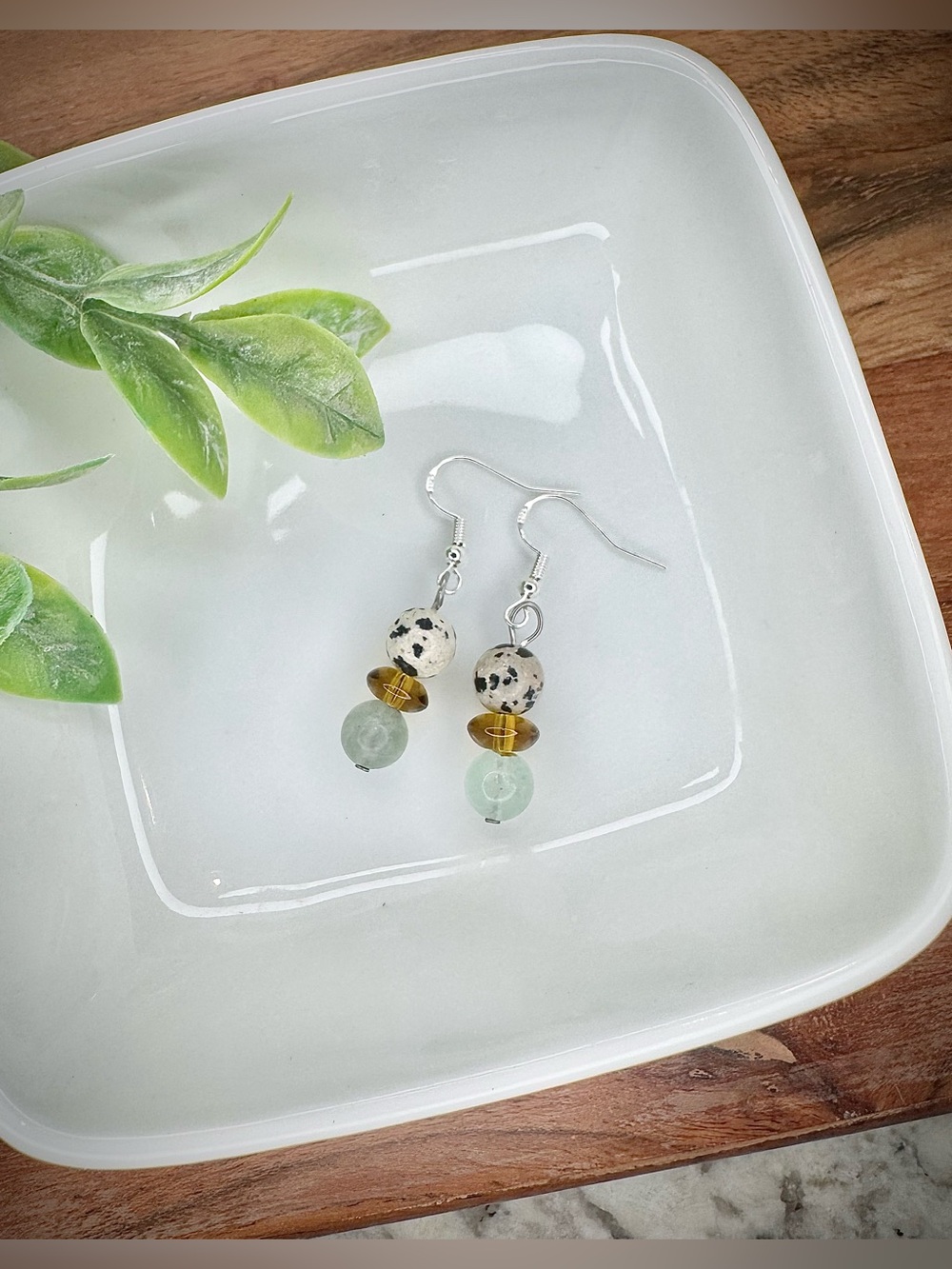 Dalmatian Jasper, Amber & Aventurine Dangle Earrings w 925 Sterling Silver Hooks